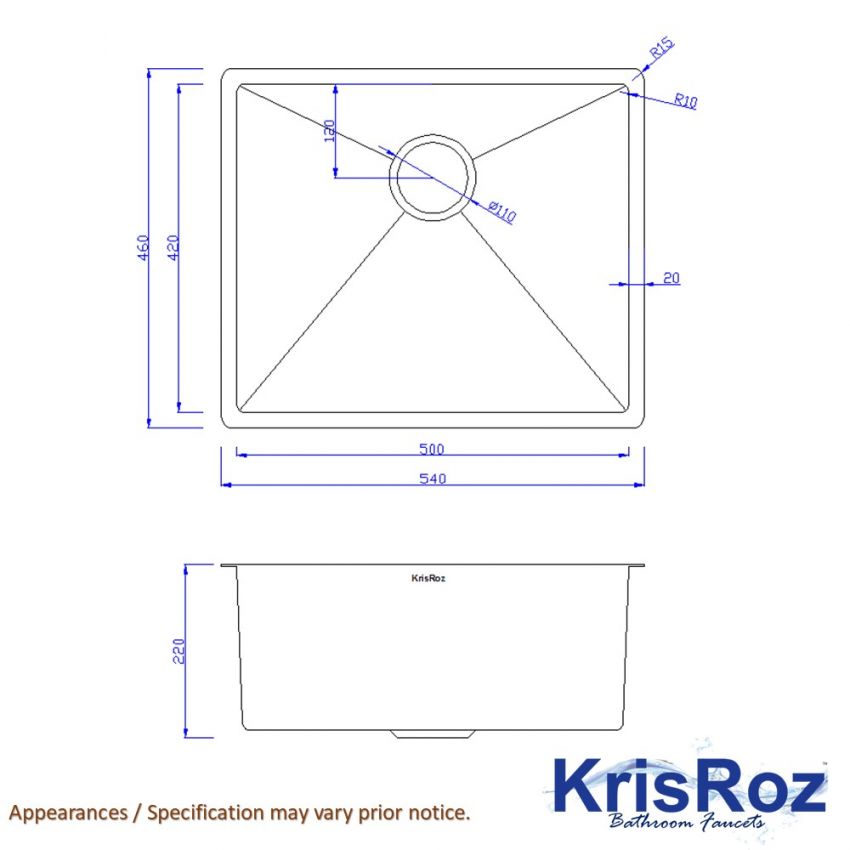 KRISROZ KRH-5446 UNDERMOUNT S/S SINK