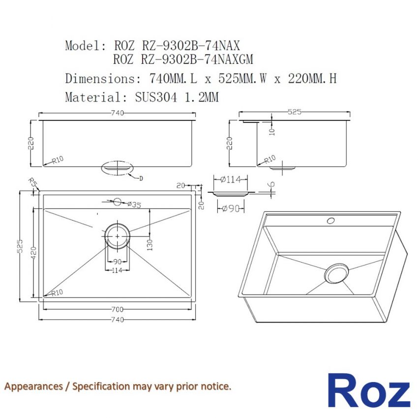 ROZ RZ-9302B-74NAX / RZ-9302B-74NAXGM WAVY 70CM SINK NANO S/S